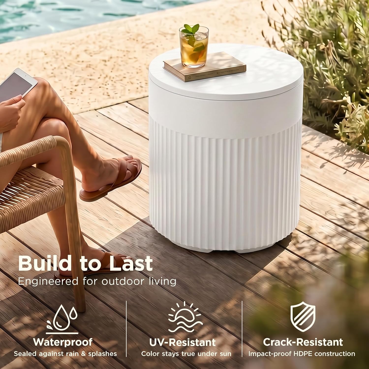 PASAMIC Outdoor Cooler Side Table, 3-in-1 Patio Ice Cooler Table with Storage, HDPE Outdoor Table with Drain Plug, Holds 24 Cans & Fits Wine Bottles, Poolside Deck Backyard (White)