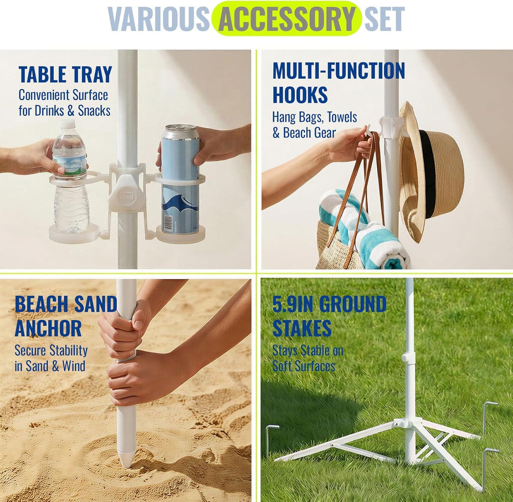 PASAMIC 7ft Portable Umbrella with Stand, UPF 50+ Sports Sun Shade Umbrella with Carry Bag, Hook & Cup Holders, Adjustable Instant Sun Protection for Sports, Beach, Fishing, Navy Blue