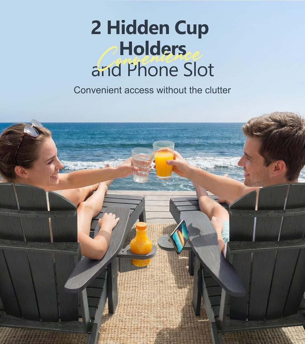 PASAMIC Folding Adirondack Chairs Set of 2 with Retractable Ottoman, 5-Position Adjustable Backrest, HDPE All-Weather Fire Pit Chairs with 2 Hidden Cup Holders, Wood-Look Outdoor Chairs, Black