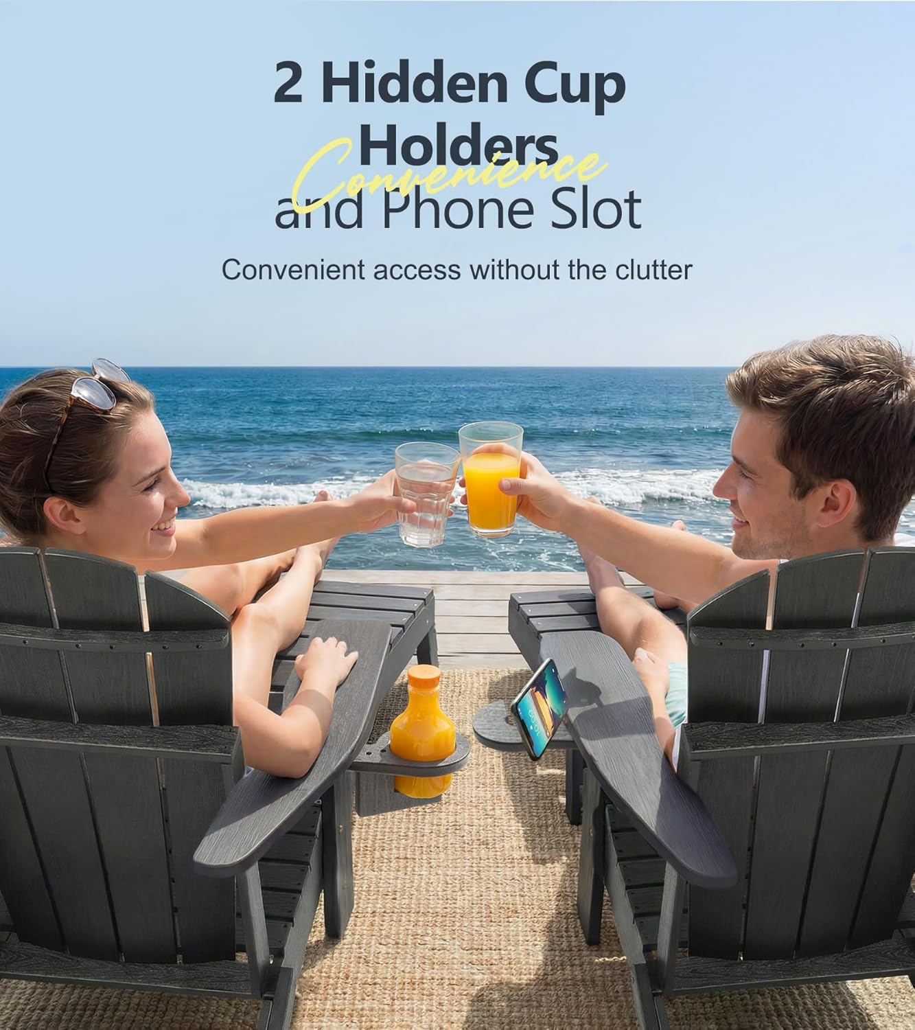 PASAMIC Folding Adirondack Chairs Set of 2 with Retractable Ottoman, 5-Position Adjustable Backrest, HDPE All-Weather Fire Pit Chairs with 2 Hidden Cup Holders, Wood-Look Outdoor Chairs, Black