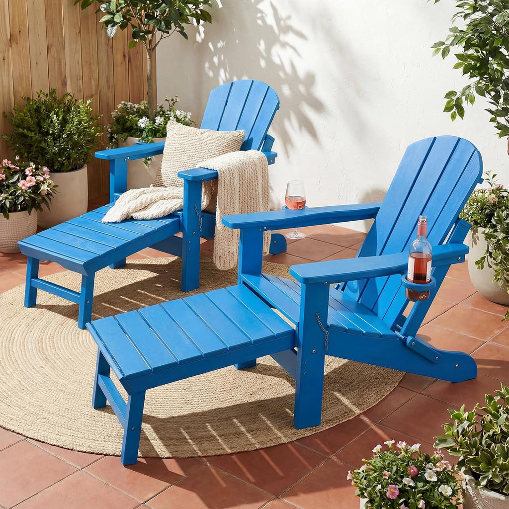 PASAMIC Folding Adirondack Chairs Set of 2 with Retractable Ottoman, 5-Position Adjustable Backrest, HDPE All-Weather Fire Pit Chairs with 2 Hidden Cup Holders, Wood-Look Outdoor Chairs, Blue