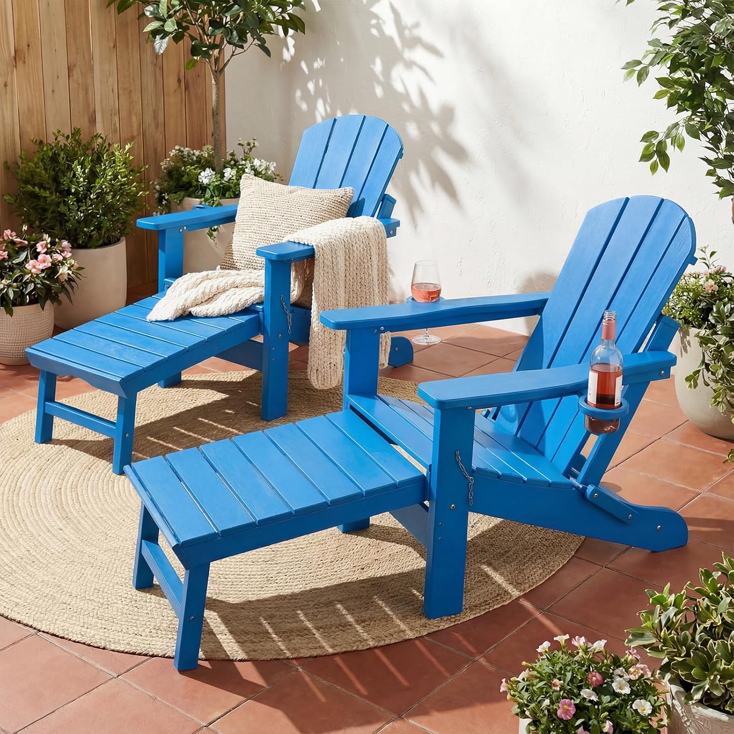 PASAMIC Folding Adirondack Chairs Set of 2 with Retractable Ottoman, 5-Position Adjustable Backrest, HDPE All-Weather Fire Pit Chairs with 2 Hidden Cup Holders, Wood-Look Outdoor Chairs, Blue