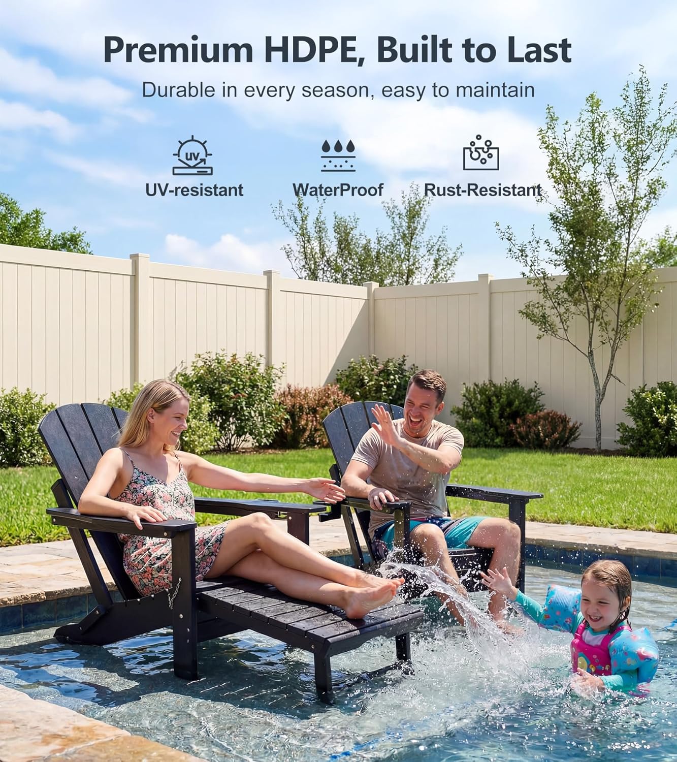 PASAMIC Folding Adirondack Chairs Set of 2 with Retractable Ottoman, 5-Position Adjustable Backrest, HDPE All-Weather Fire Pit Chairs with 2 Hidden Cup Holders, Wood-Look Outdoor Chairs, Black