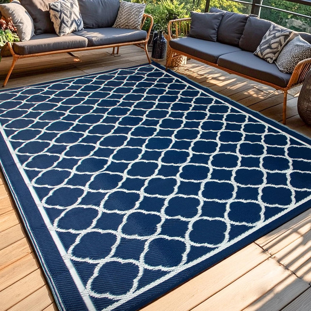 PASAMIC 9x12 Outdoor Rug Waterproof, Reversible Plastic Straw Outdoor Patio Rug Clearance, Portable Indoor Outdoor Carpet for Patio, RV, Deck, Balcony, Backyard, Picnic, Beach, Clover Navy Blue