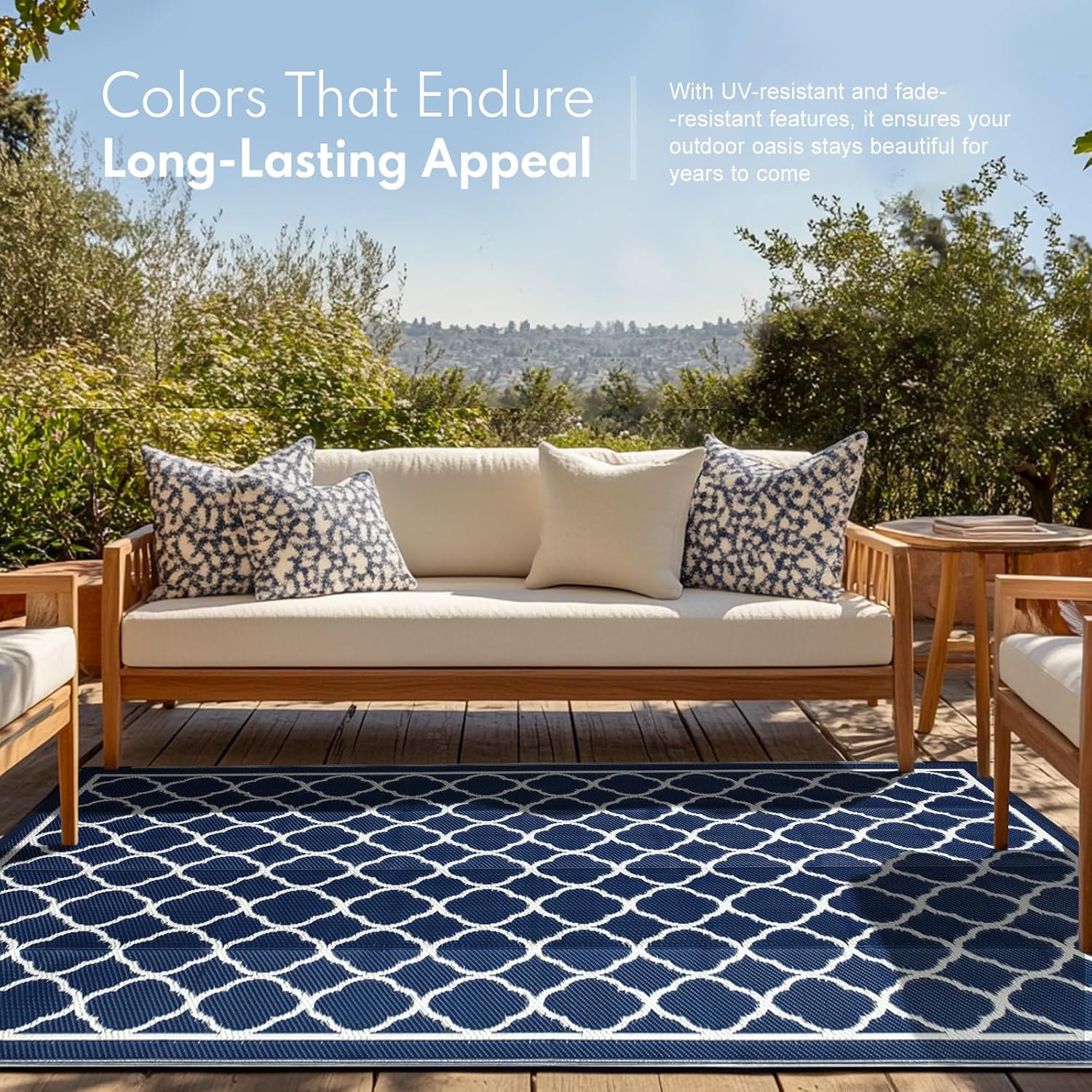 Waterproof Outdoor Rug 8x10 ft, Reversible Plastic Straw Rug, Easy to Clean Patio Rug, Portable Carpet for Patio, RV, Deck, Balcony, Backyard, Picnic, Beach, Clover, Navy Blue