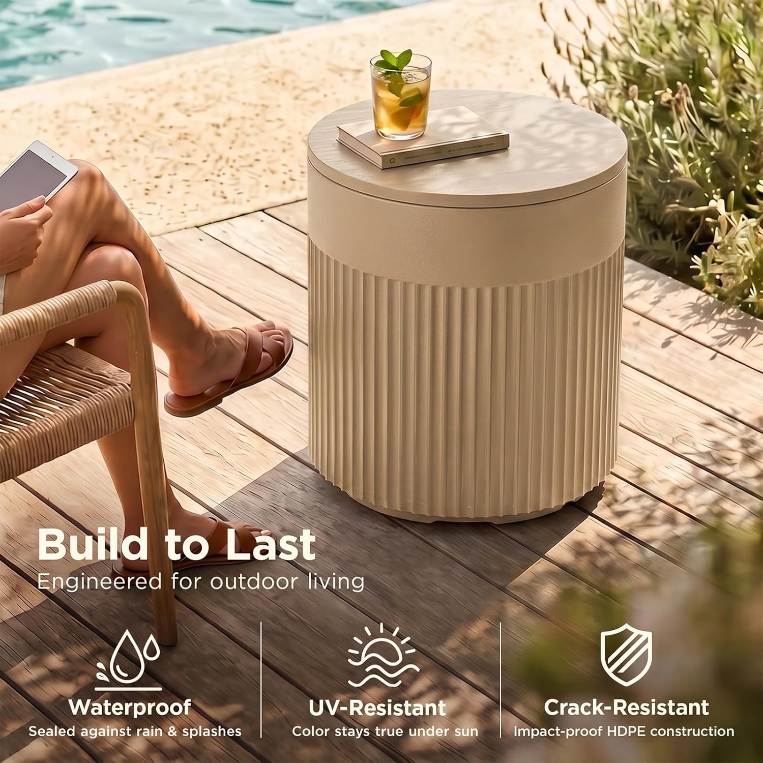 PASAMIC Outdoor Cooler Side Table, 3-in-1 Patio Ice Cooler Table with Storage, HDPE Outdoor Table with Drain Plug, Holds 24 Cans & Fits Wine Bottles, Poolside Deck Backyard (Sand)