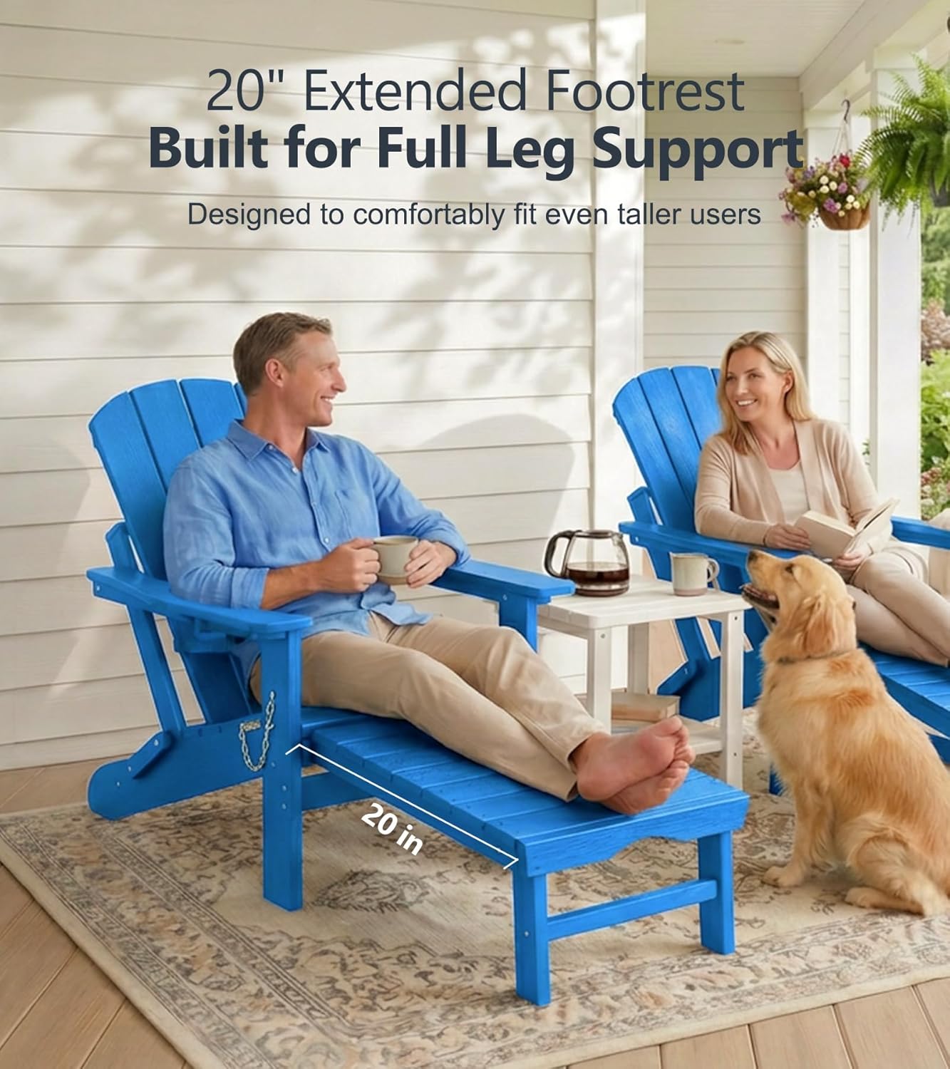 PASAMIC Folding Adirondack Chairs Set of 2 with Retractable Ottoman, 5-Position Adjustable Backrest, HDPE All-Weather Fire Pit Chairs with 2 Hidden Cup Holders, Wood-Look Outdoor Chairs, Blue
