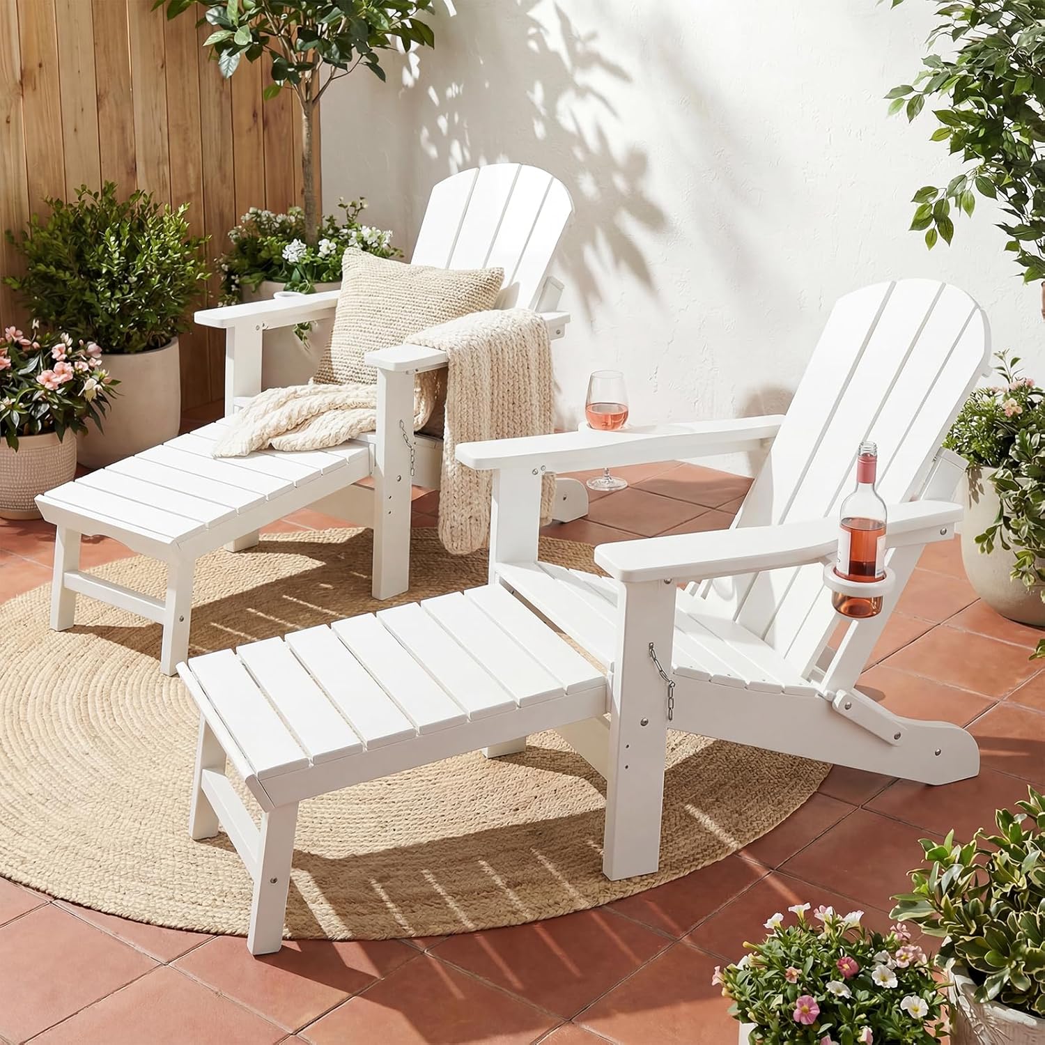PASAMIC Folding Adirondack Chairs Set of 2 with Retractable Ottoman, 5-Position Adjustable Backrest, HDPE All-Weather Fire Pit Chairs with 2 Hidden Cup Holders, Wood-Look Outdoor Chairs, White