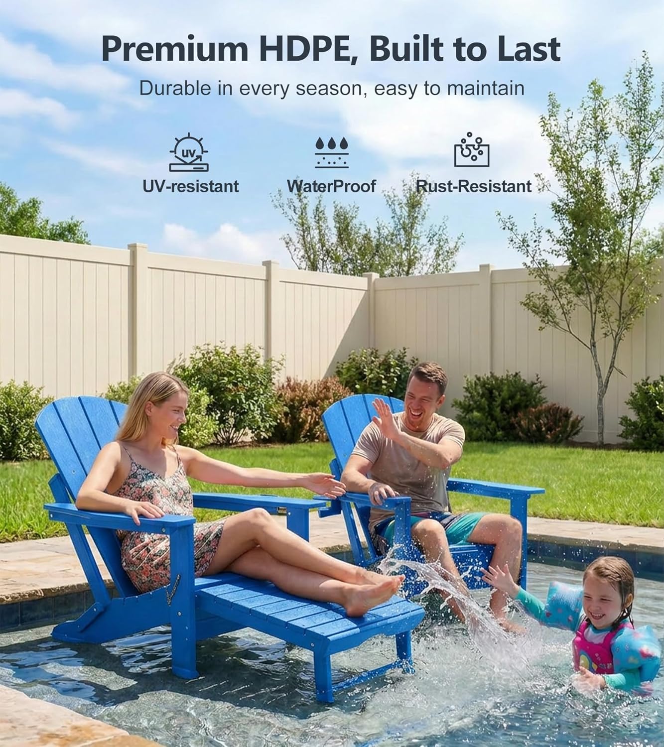 PASAMIC Folding Adirondack Chairs Set of 2 with Retractable Ottoman, 5-Position Adjustable Backrest, HDPE All-Weather Fire Pit Chairs with 2 Hidden Cup Holders, Wood-Look Outdoor Chairs, Blue