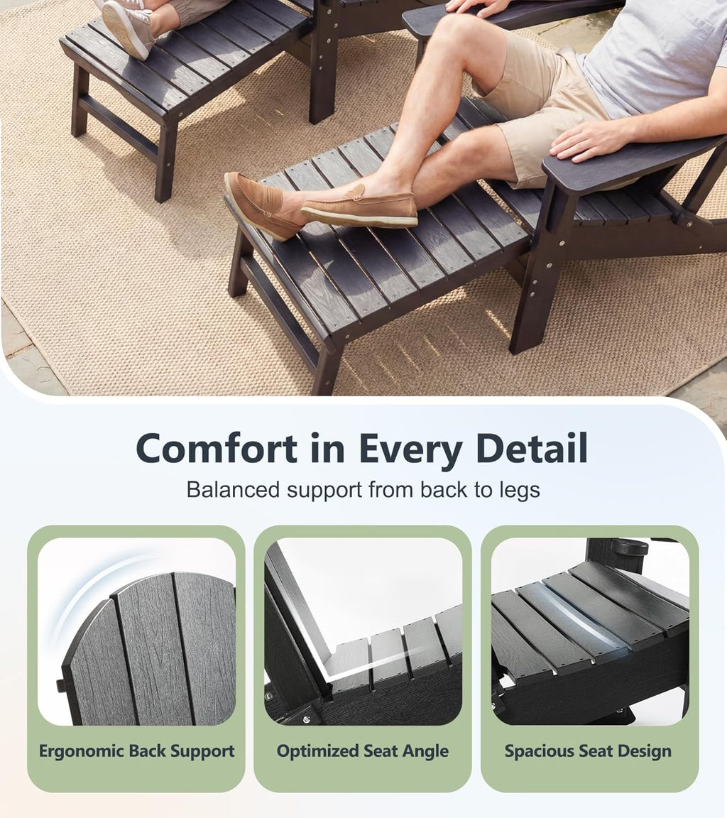 PASAMIC Folding Adirondack Chairs Set of 2 with Retractable Ottoman, 5-Position Adjustable Backrest, HDPE All-Weather Fire Pit Chairs with 2 Hidden Cup Holders, Wood-Look Outdoor Chairs, Black