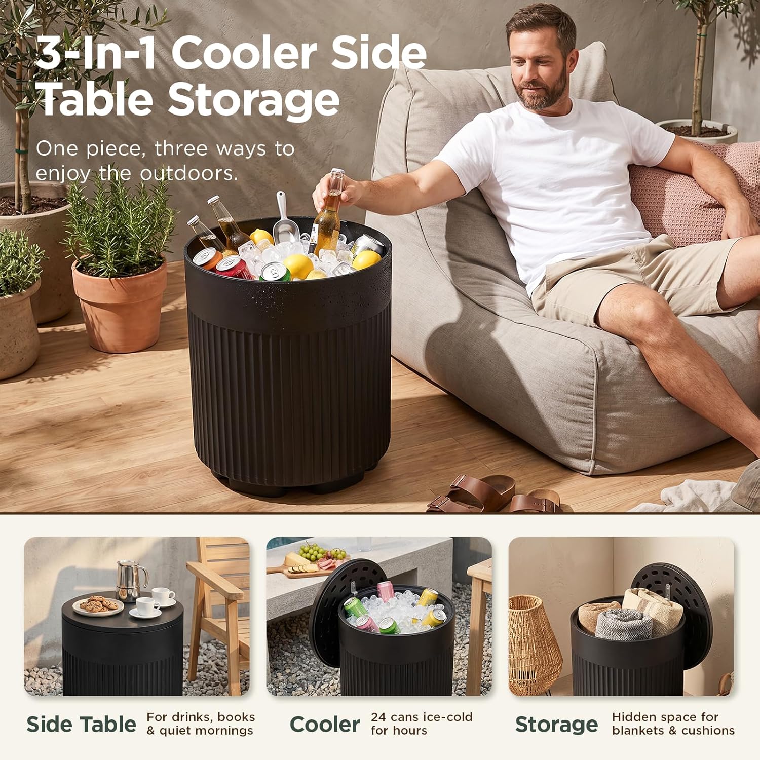 PASAMIC Outdoor Cooler Side Table, 3-in-1 Patio Ice Cooler Table with Storage, HDPE Outdoor Table with Drain Plug, Holds 24 Cans & Fits Wine Bottles, Poolside Deck Backyard (Black)