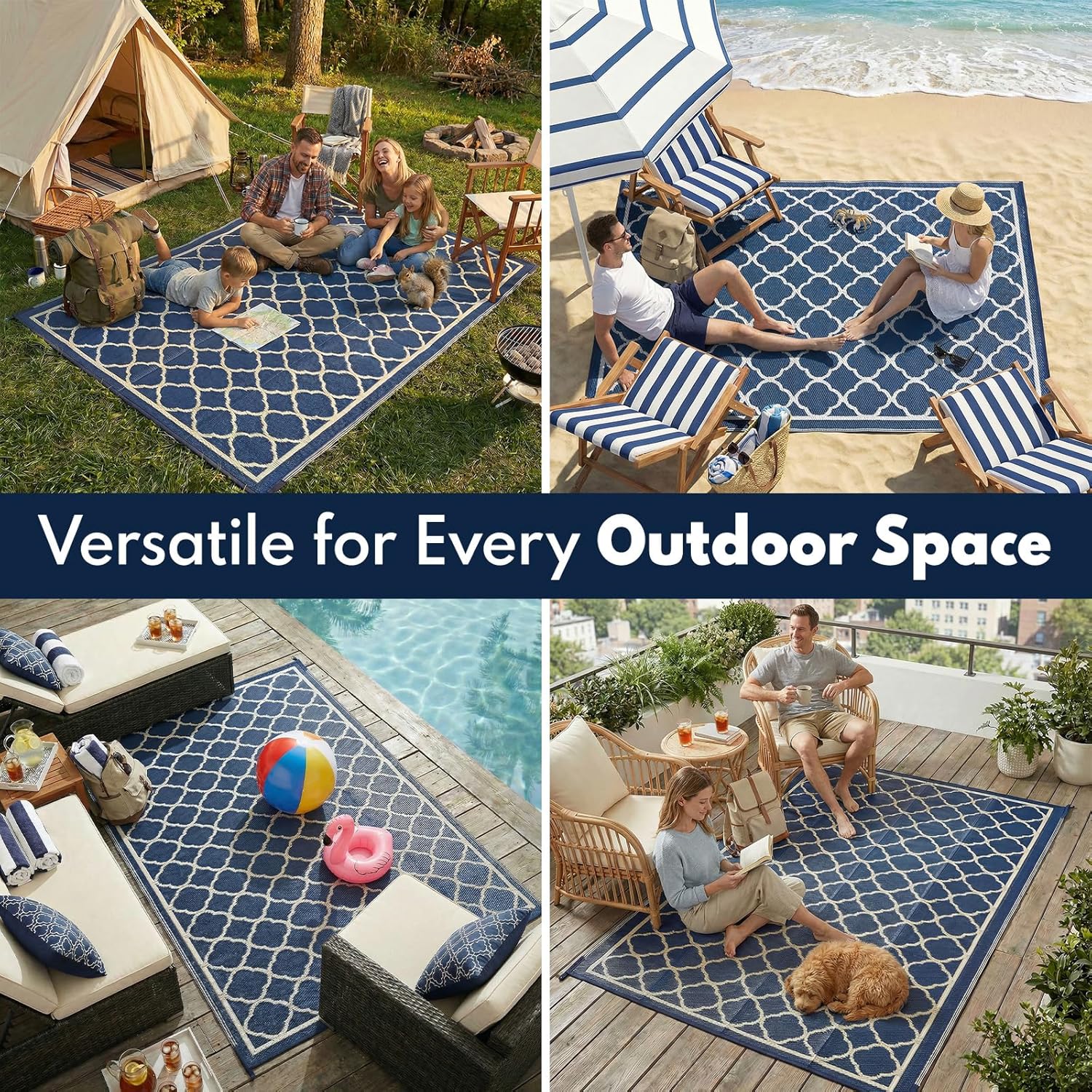 PASAMIC 9x12 Outdoor Rug Waterproof, Reversible Plastic Straw Outdoor Patio Rug Clearance, Portable Indoor Outdoor Carpet for Patio, RV, Deck, Balcony, Backyard, Picnic, Beach, Clover Navy Blue