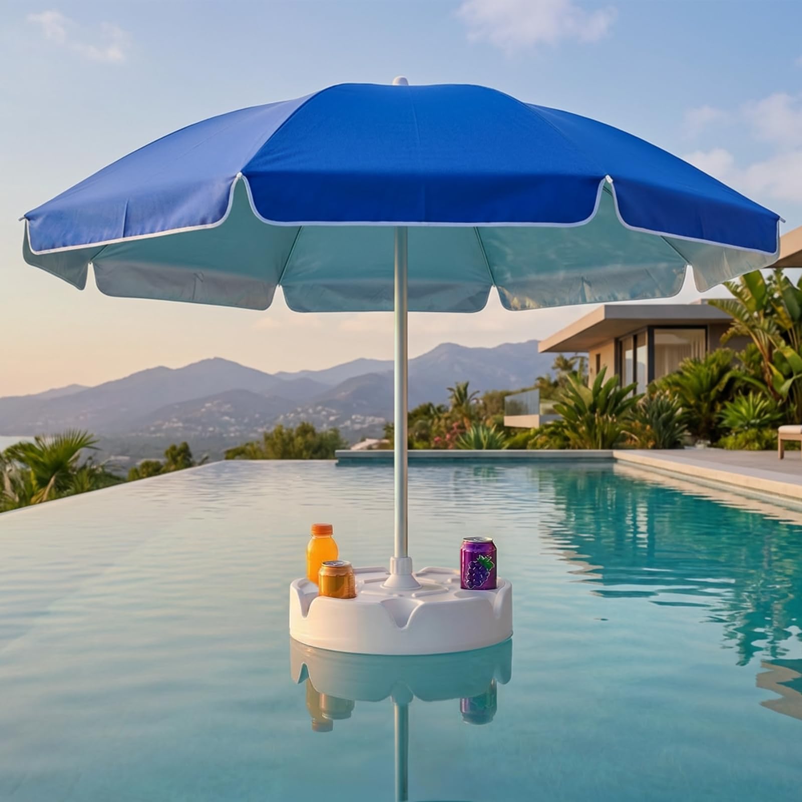 PASAMIC navy floating umbrella and white cup-holder table